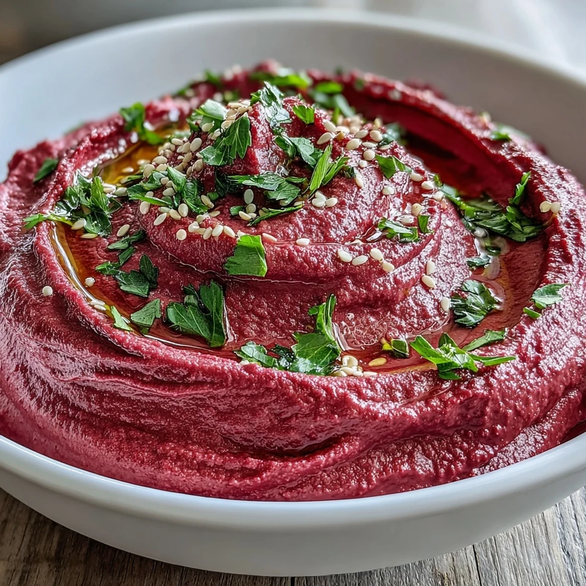 Deep magenta Roasted Beet Hummus with a drizzle of olive oil and fresh herbs.