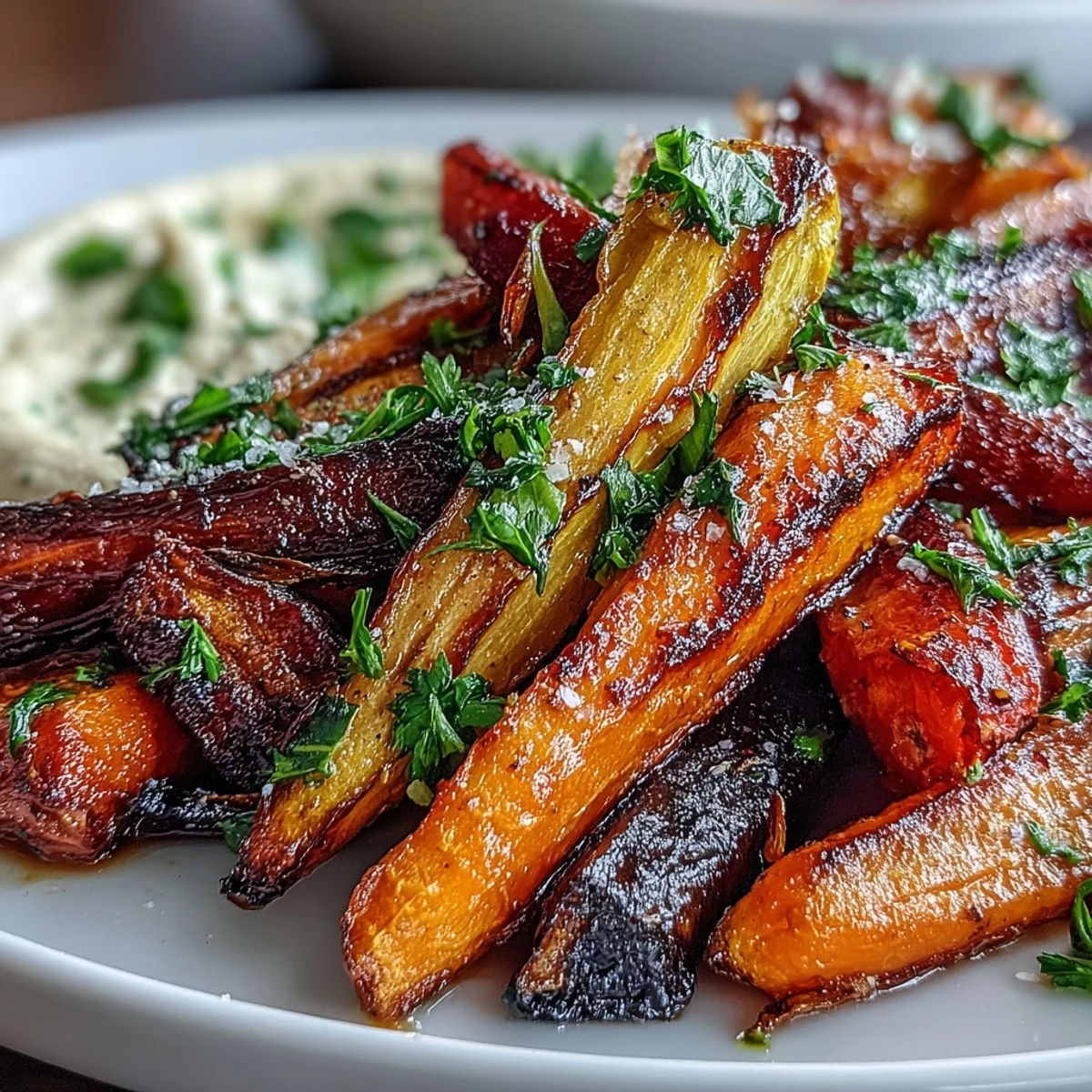 Vibrant paleo carrots roasted tender beside smooth tahini hummus, ready for dipping.