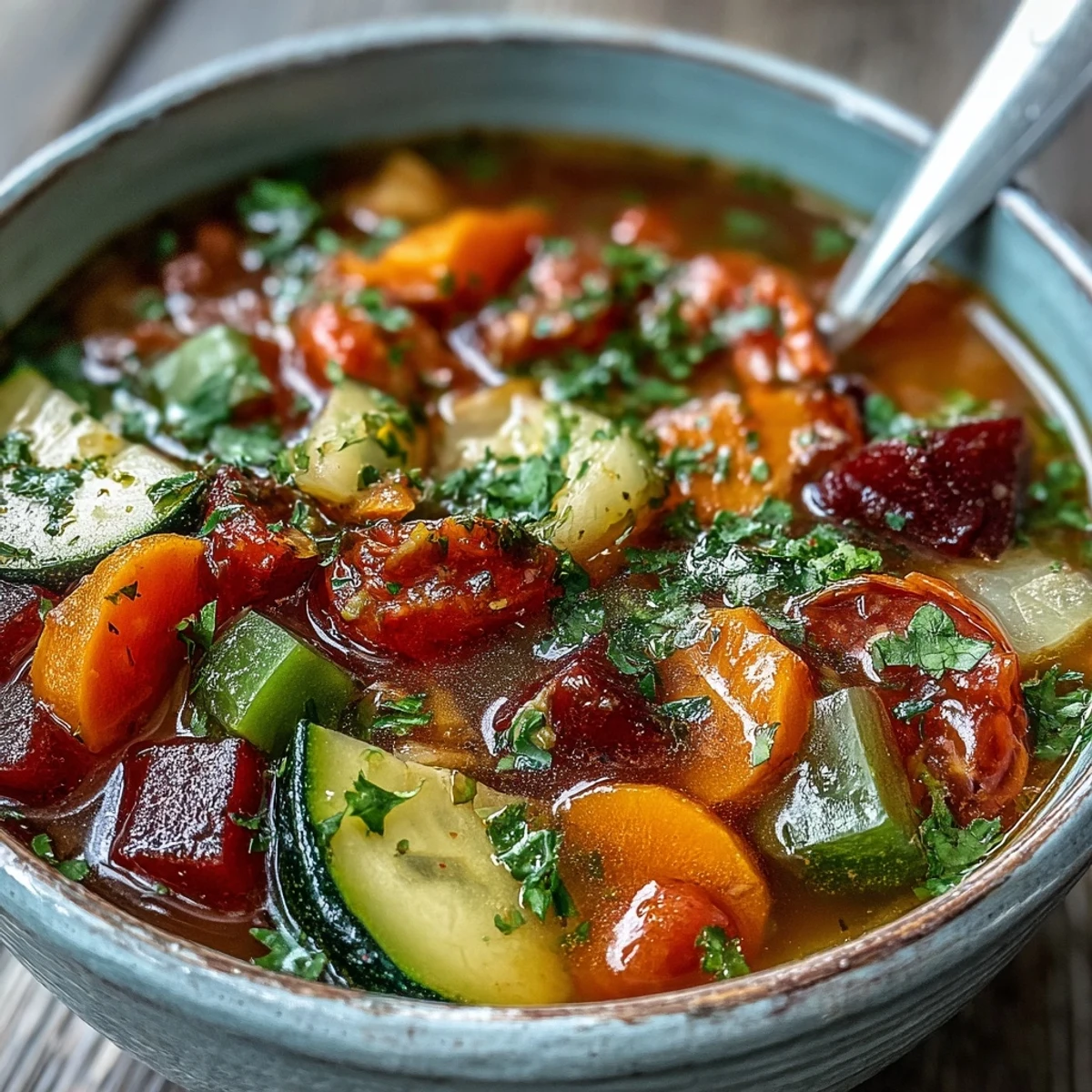 Steaming bowl of Rainbow Vegetable Detox Soup featuring diced carrots, zucchini, and red beets in a savory broth.