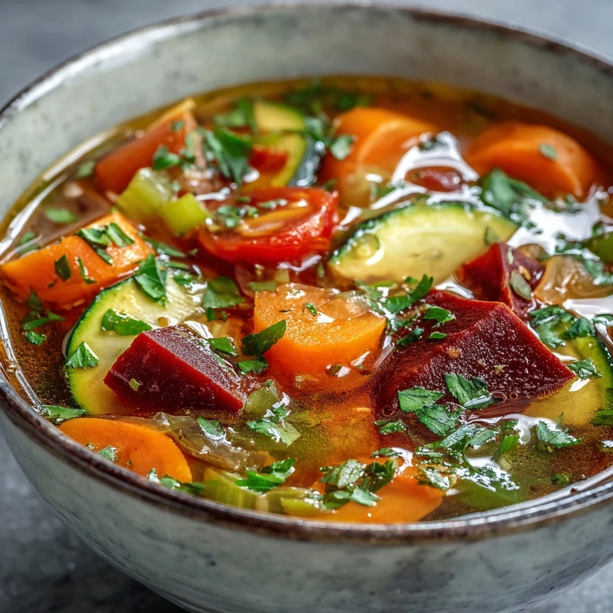 Freshly prepared pot of Rainbow Vegetable Detox Soup with vibrant red tomatoes and green spinach leaves.