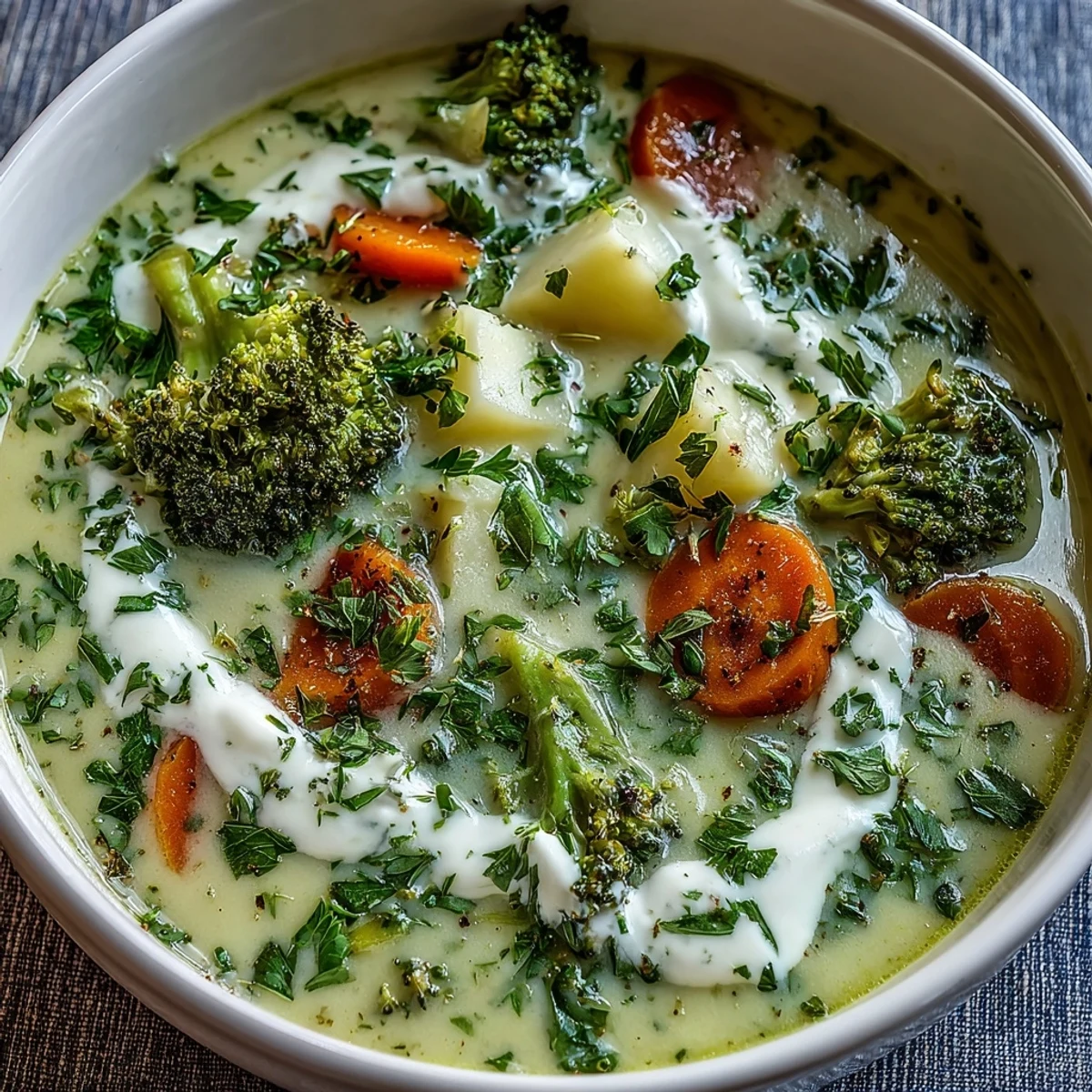 Steaming bowl of Creamy Vegetable Soup with a slice of crusty bread, perfect for a cozy lunch.