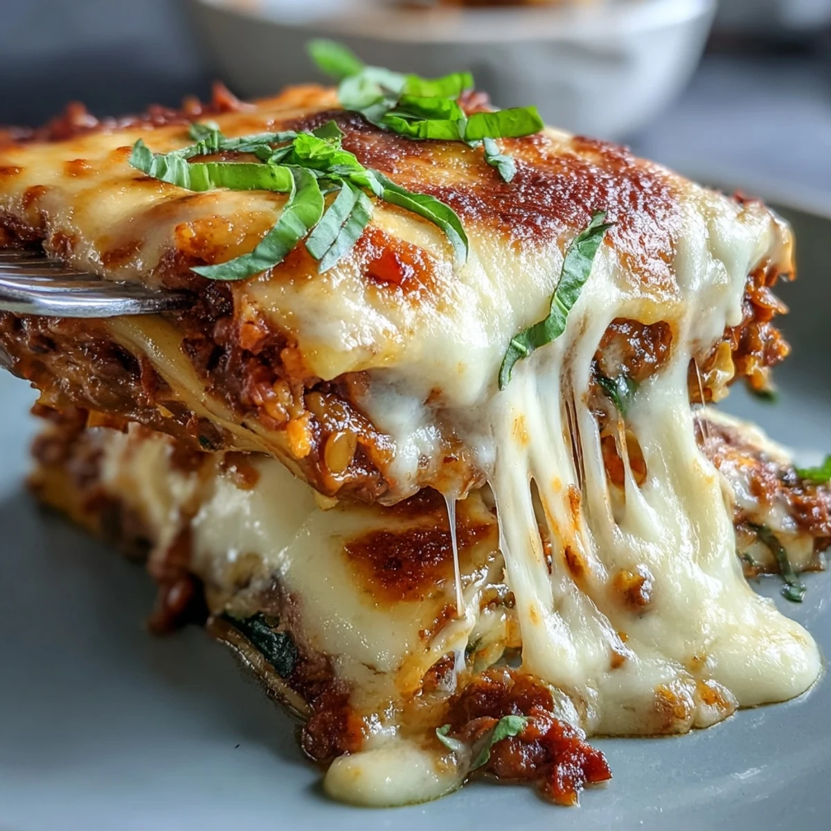 Close-up of a single-pan smoky veggie lentil lasagne with golden, bubbly mozzarella and Parmesan topping, fresh basil garnish, ready to serve.