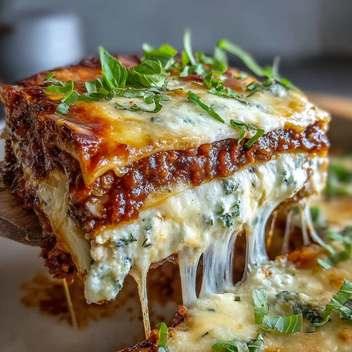 Skillet of One-Pan Smoky Veggie Lentil Lasagne cooling on a rustic table, steam rising from the cheesy, golden-brown surface.