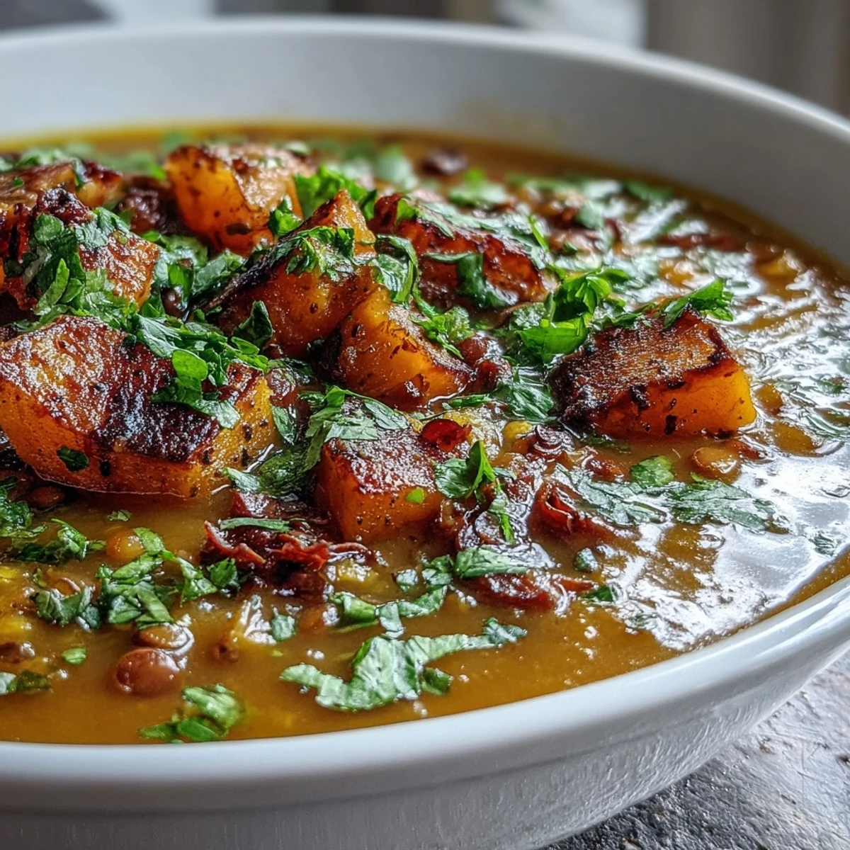 Golden roasted butternut squash and lentil soup steaming in a rustic bowl, garnished with fresh cilantro and a lemon wedge.