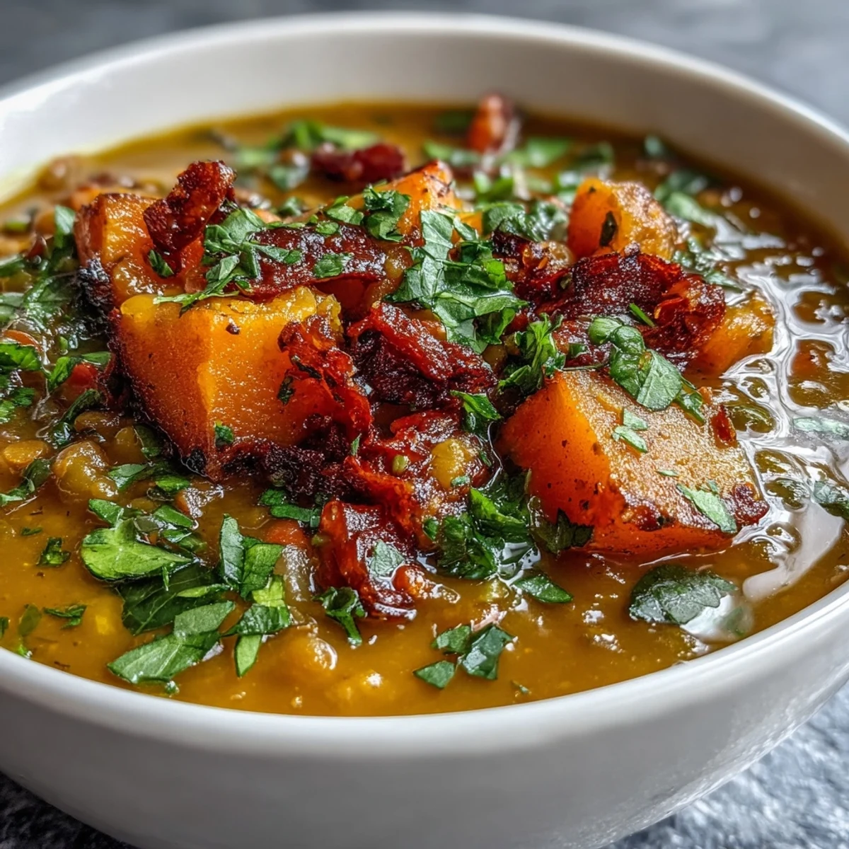 Vibrant orange butternut squash and lentil soup blended smooth, with a swirl of olive oil and fresh herbs.