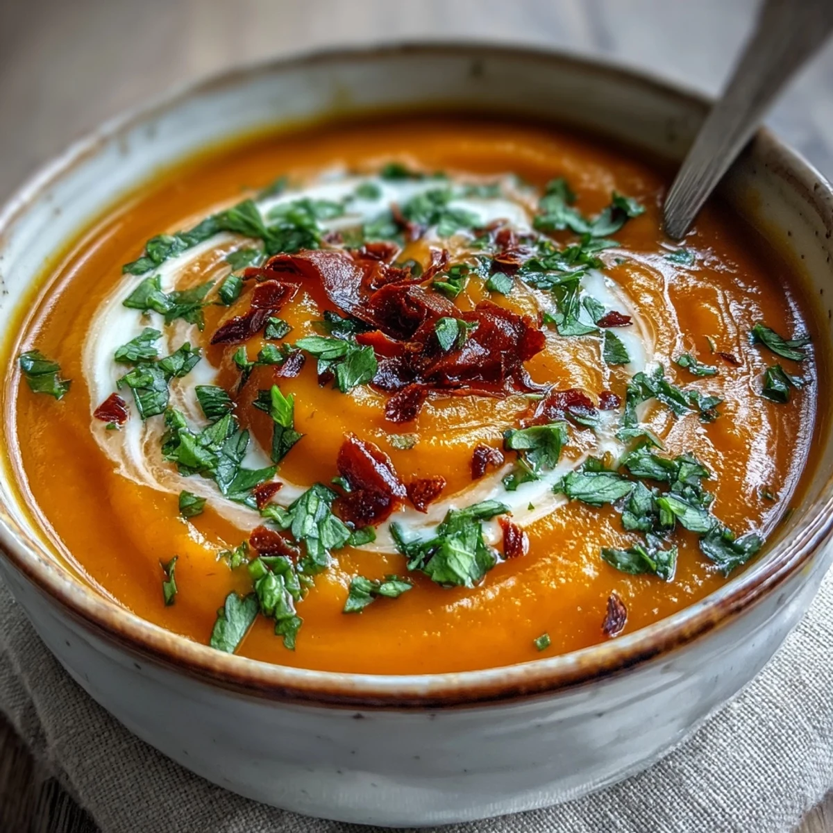 Creamy orange Carrot, Celeriac and Chilli Soup served hot with a fresh herb garnish. The vibrant, blended soup is ready to enjoy in under an hour.