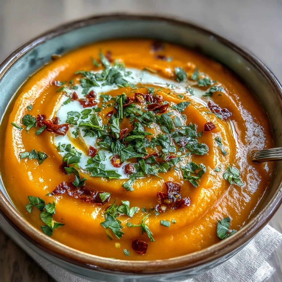 A spoon dips into a velvety bowl of Carrot, Celeriac and Chilli Soup, highlighting its smooth texture. The gentle heat from chilli and spices shines in this easy vegan recipe.