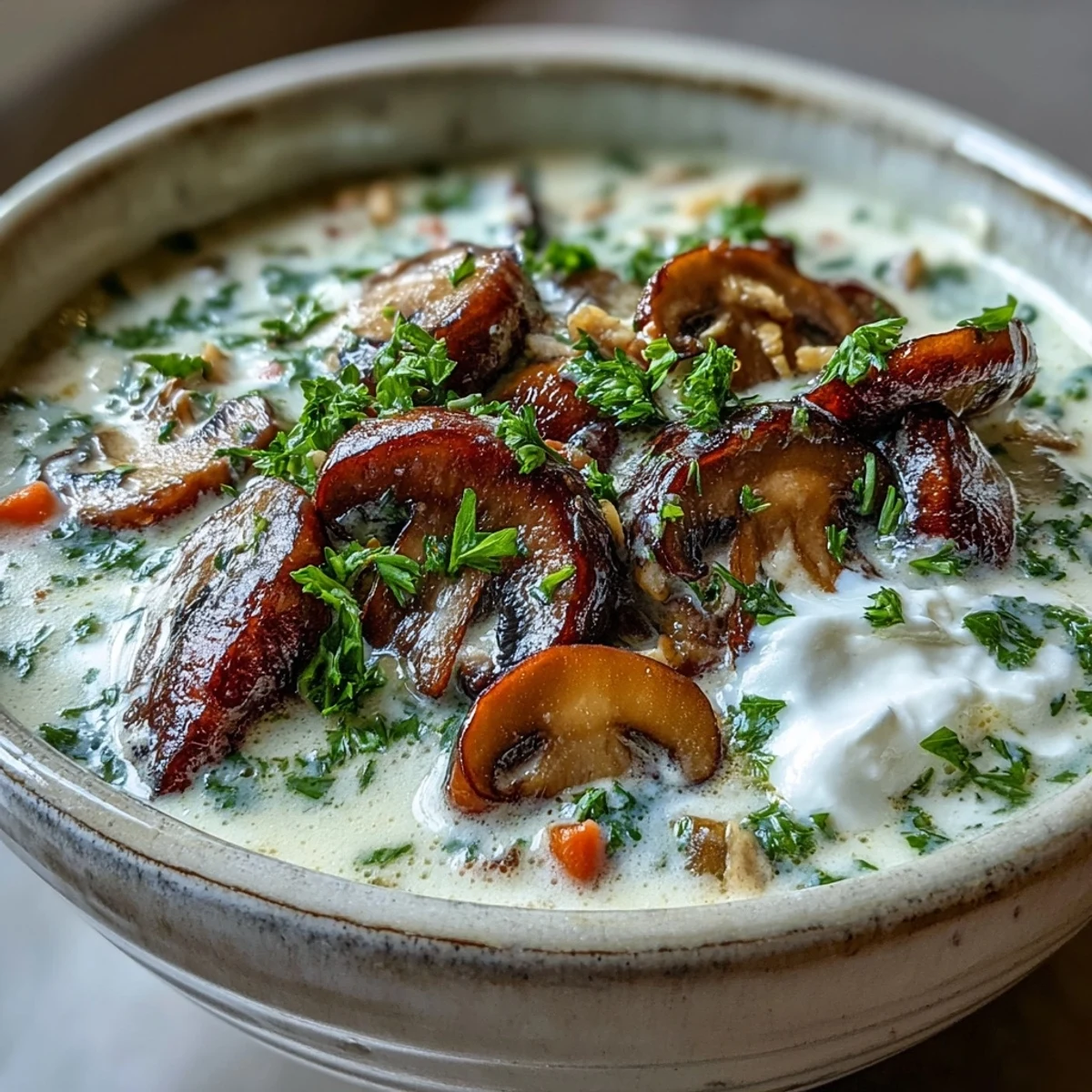 Creamy Mushroom Stroganoff Soup steaming in a rustic bowl, garnished with fresh parsley and a dollop of sour cream.
