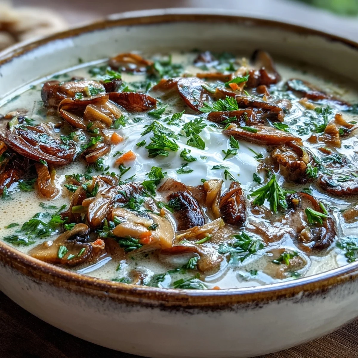 A rich bowl of Creamy Mushroom Stroganoff Soup with crusty bread on the side, ready for a cozy vegetarian meal.