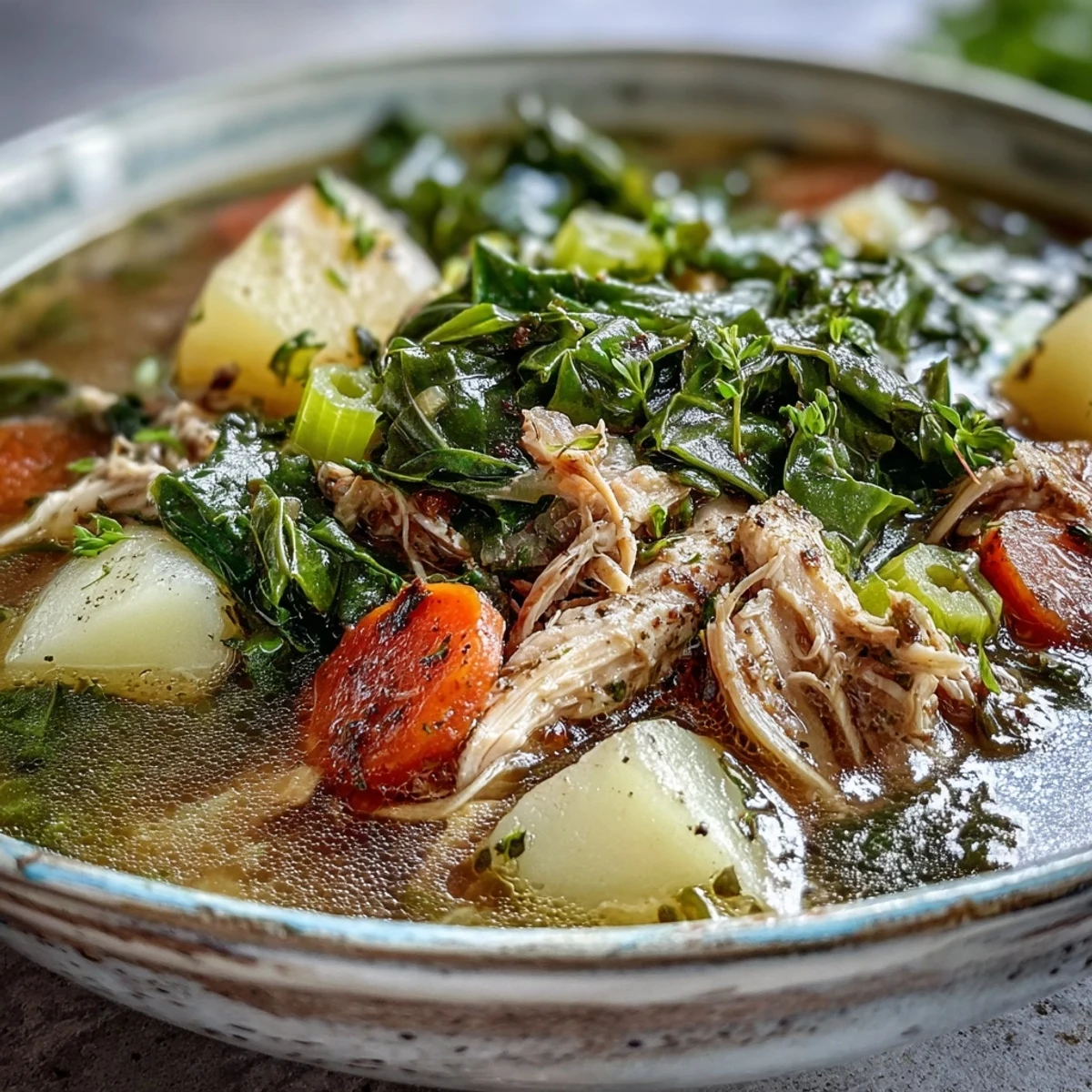 Hearty Collard Greens, Chicken and Vegetable Soup ladled into a rustic bowl with crusty bread.