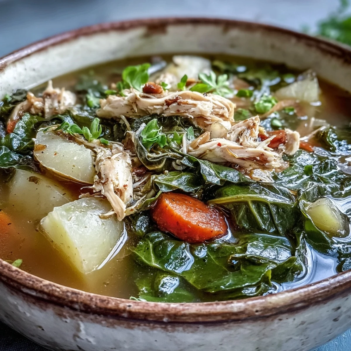 Steamy bowl of Collard Greens, Chicken and Vegetable Soup garnished with fresh herbs.