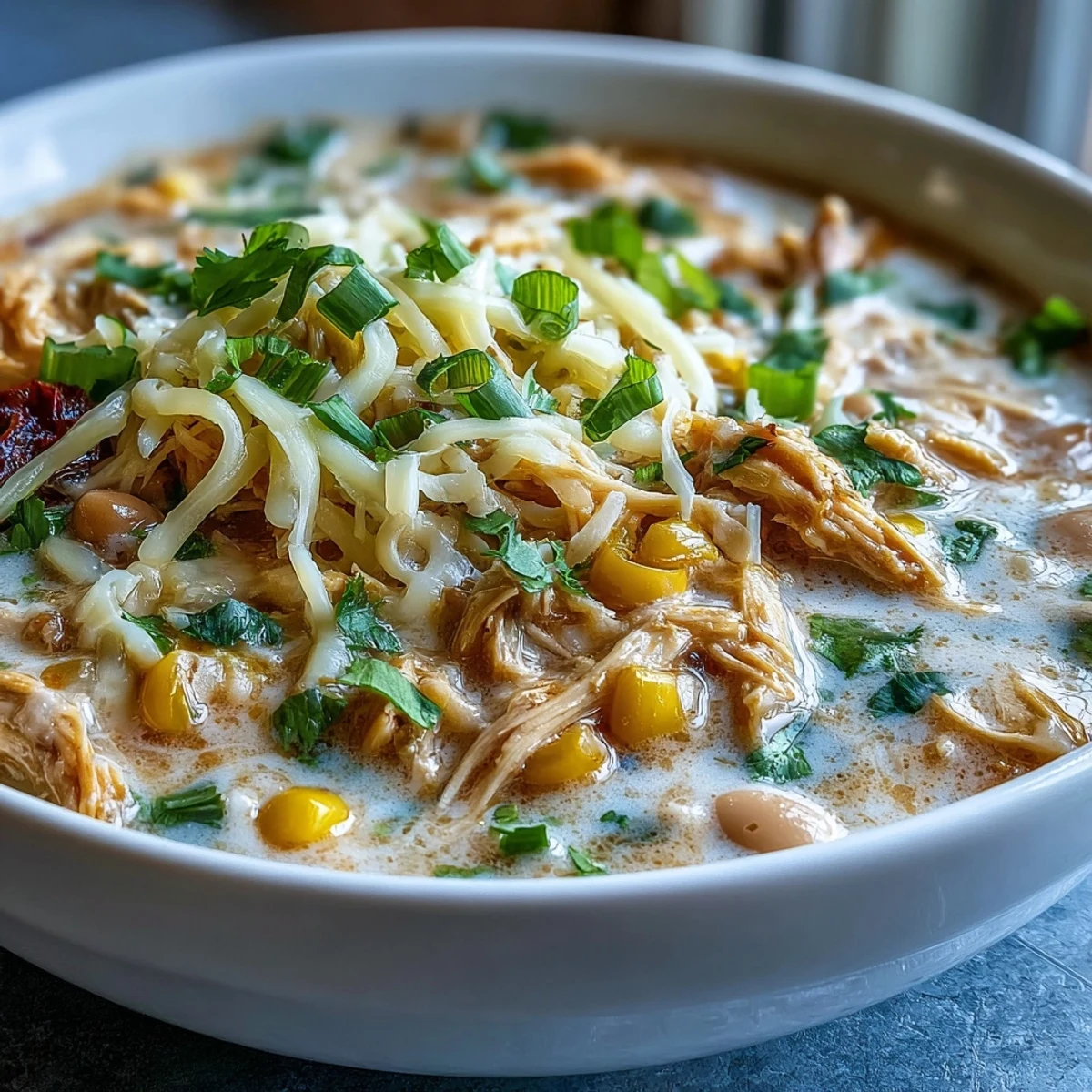 Creamy White Chicken Chili with shredded chicken, white beans, and corn, garnished with cilantro and cheese.
