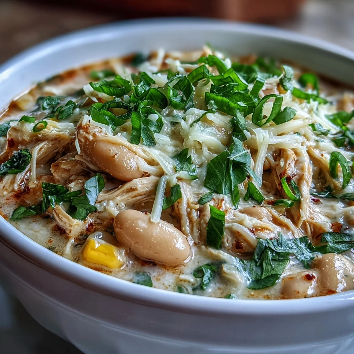 A pot of White Chicken Chili simmering, featuring tender chicken, diced green chiles, and a rich, creamy broth.