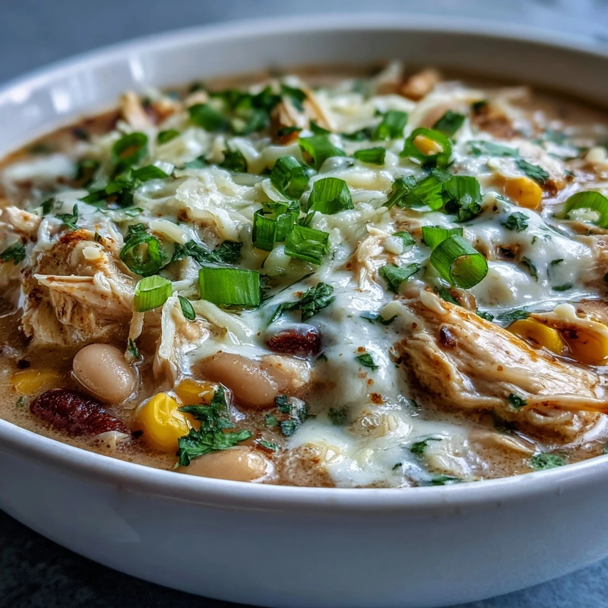 Ready-to-serve White Chicken Chili topped with fresh cilantro, sliced green onions, and Monterey Jack cheese, beside lime wedges.