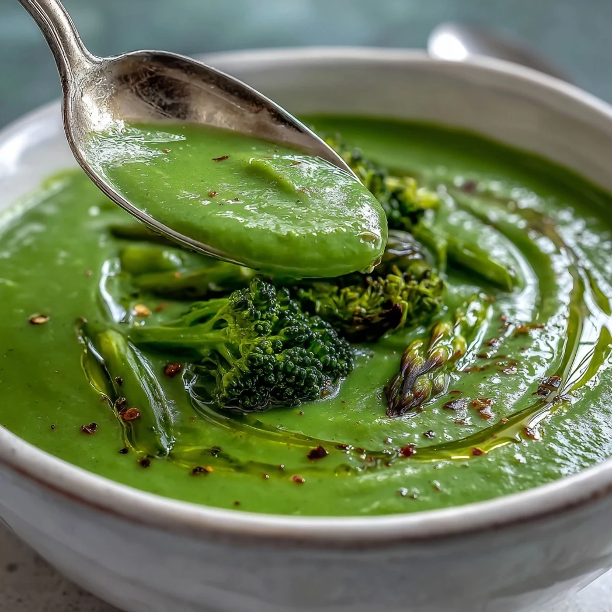 Creamy Big Green Immunity-Boosting Vegetable Soup in a rustic bowl, topped with fresh spinach leaves and a lemon wedge for a bright finish.