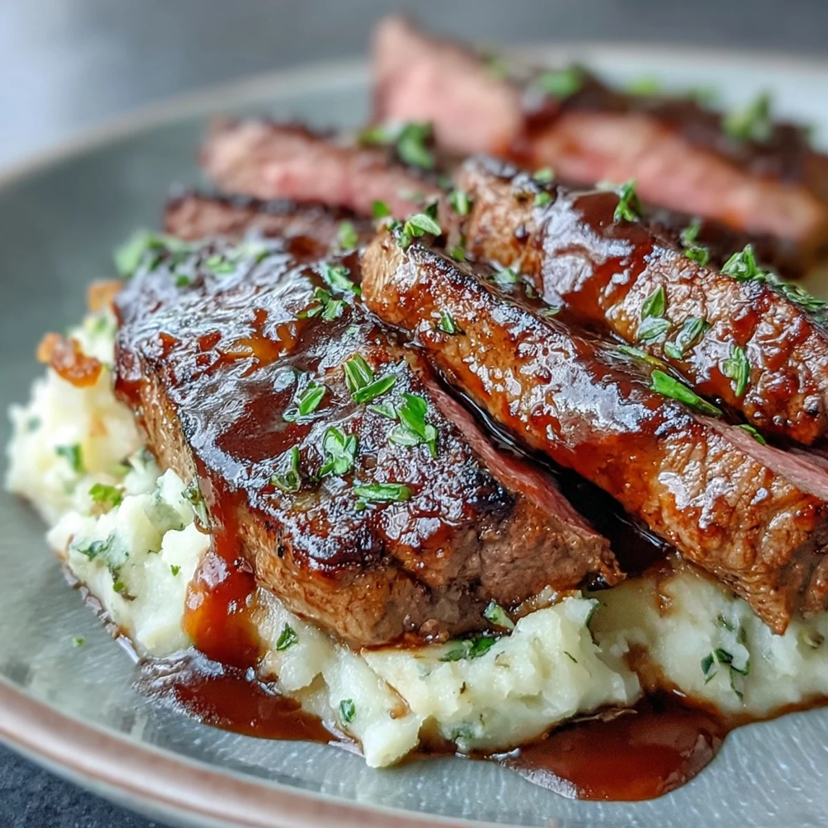 Pan-seared Venison Steaks with Caraway Crushed Swede plated with rich red wine sauce and fresh thyme.