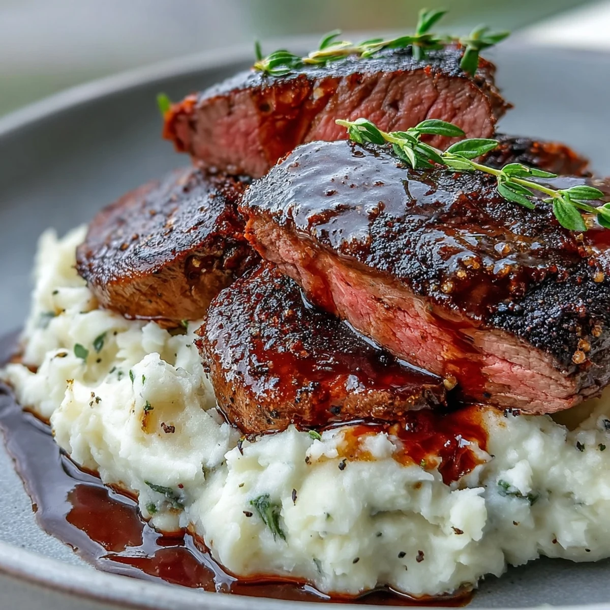 Sliced tender Venison Steaks with Caraway Crushed Swede, buttery mash topped with toasted caraway seeds.