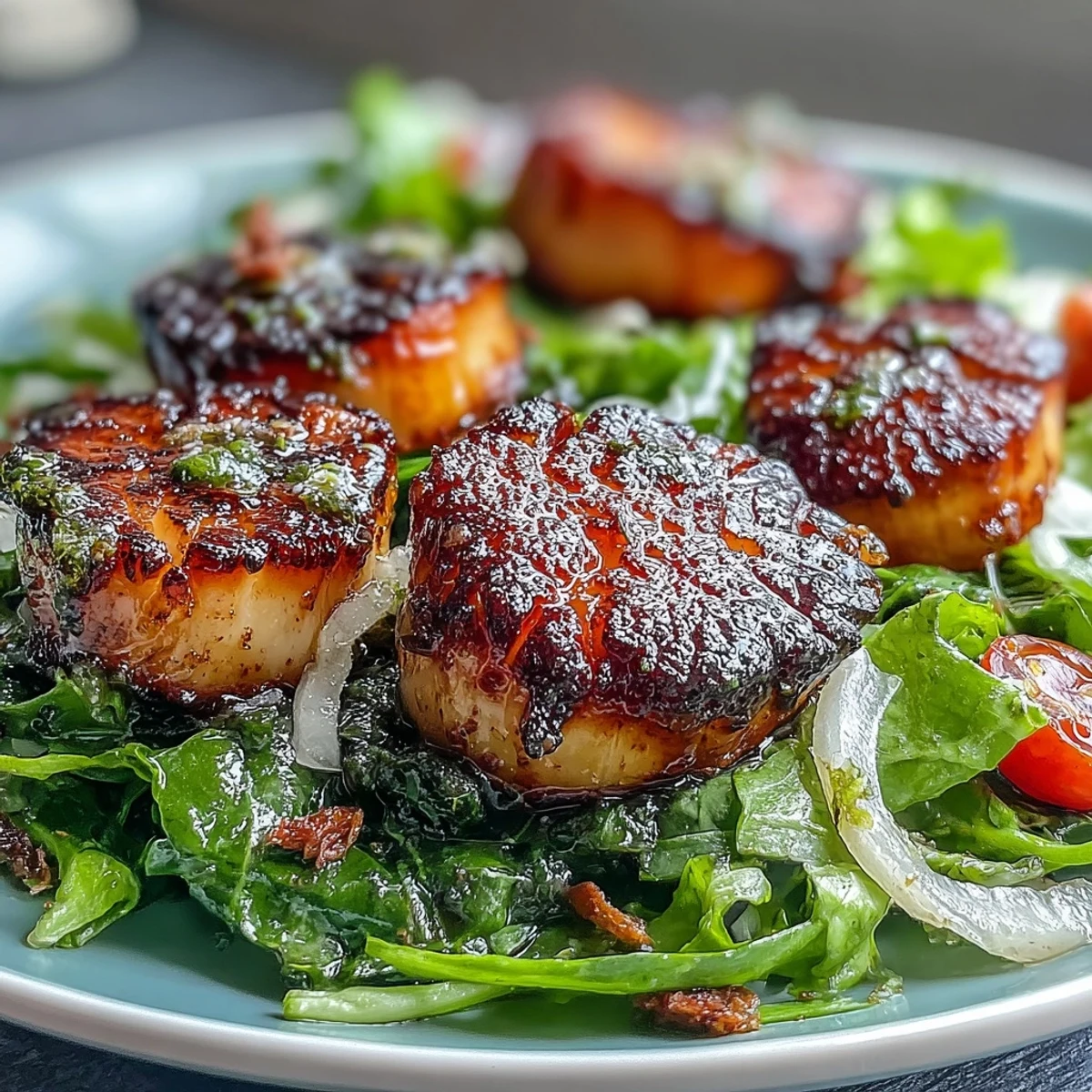 Golden seared scallops rest on a vibrant escarole salad with cherry tomatoes and shaved Parmesan, drizzled with pesto vinaigrette.