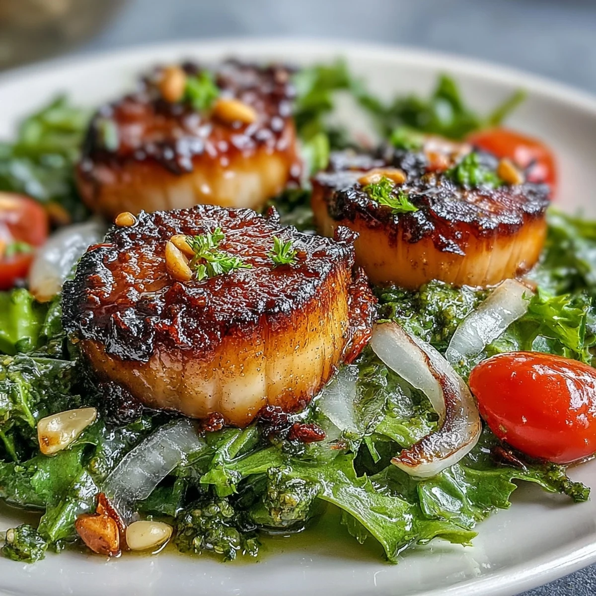 Plump scallops with a caramelized crust top a crisp escarole salad, finished with a bright green pesto dressing.