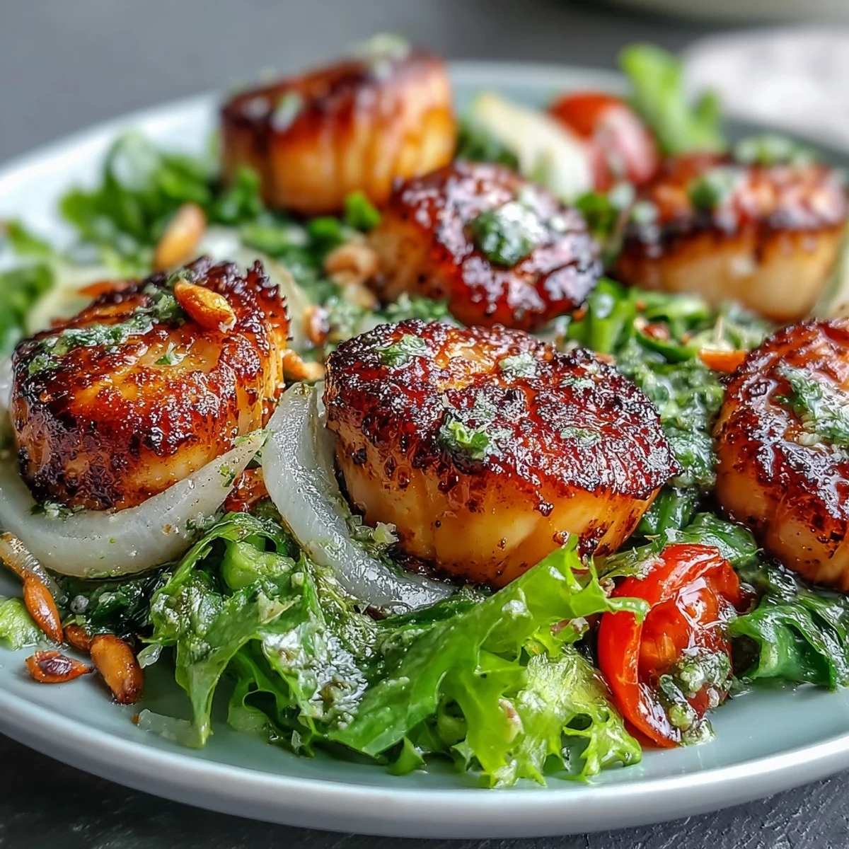 Fresh escarole, red onion, and cherry tomatoes create a crunchy base for seared scallops, served with pesto vinaigrette.