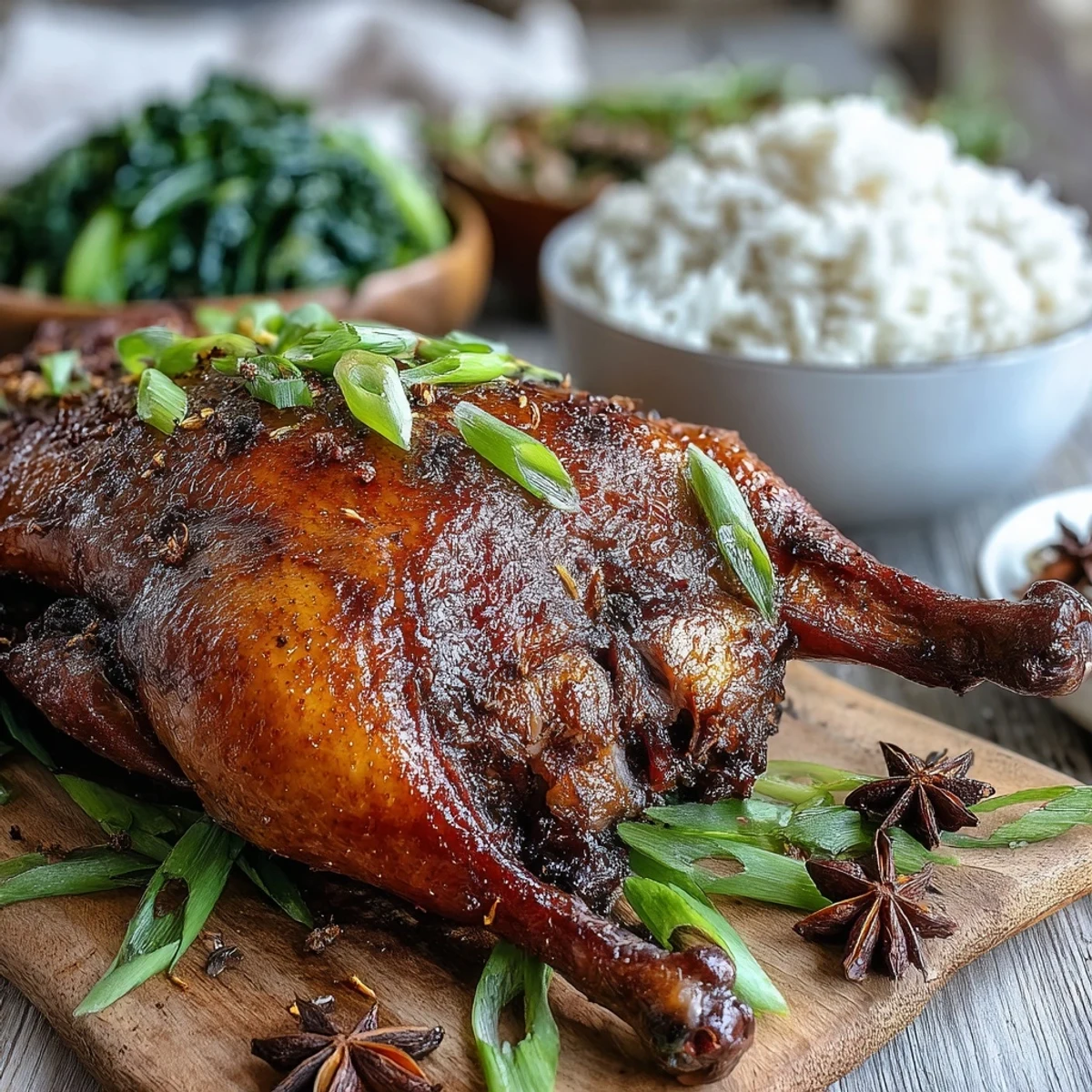 Golden-brown Five-Spice Roast Ducks glazed with honey and aromatics, served sliced over steamed rice.