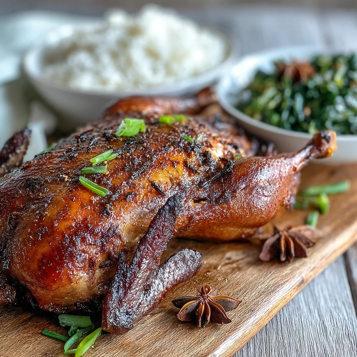 A whole Five-Spice Roast Ducks resting on orange quarters and star anise, crispy skin glistening in warm light.