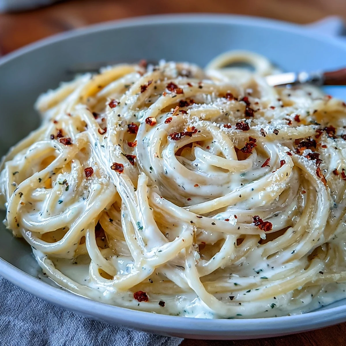 Serving platter of Cacio e Pepe pasta garnished with cracked pepper and grated Pecorino, ready to eat.
