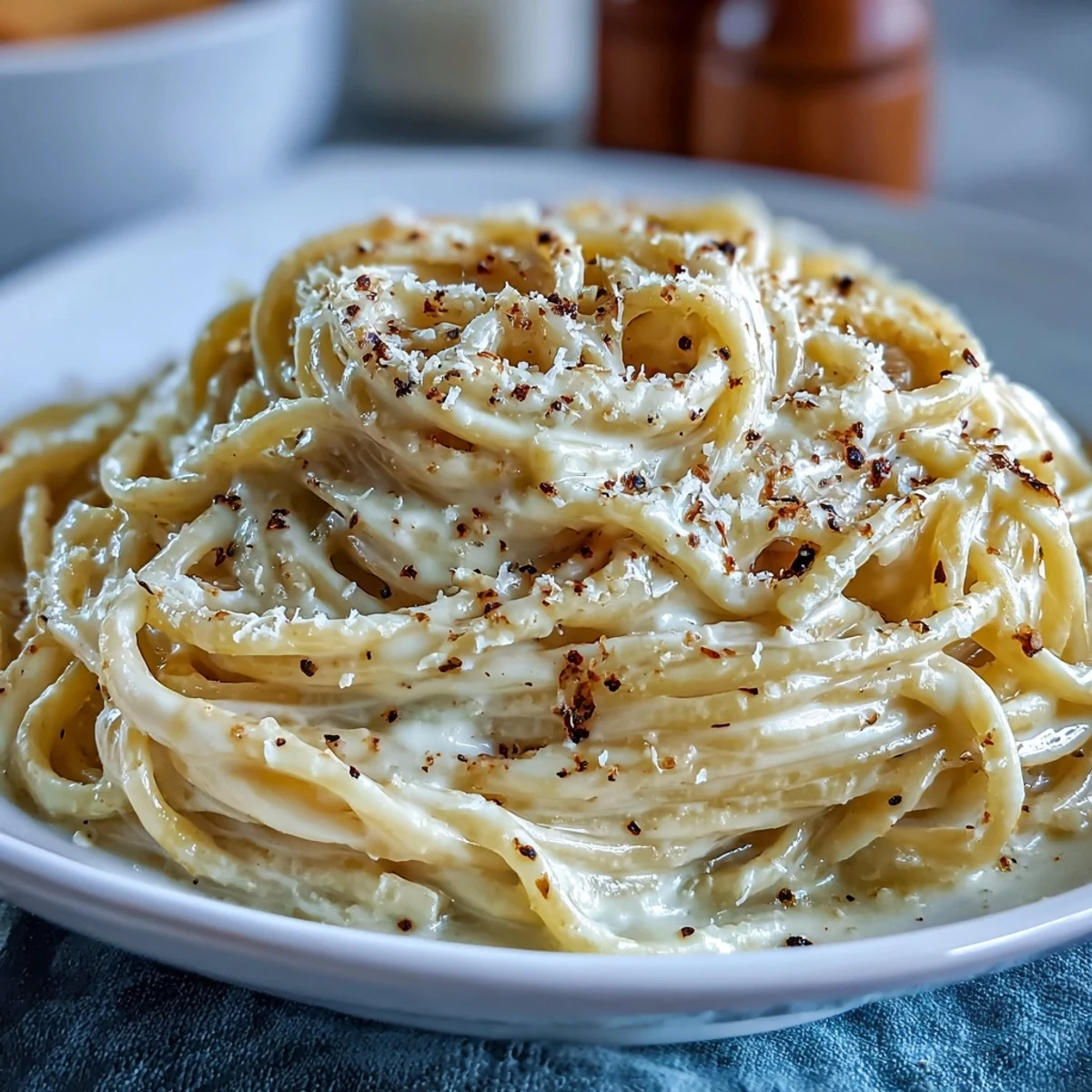 A skillet of freshly made Cacio e Pepe showcases the creamy, cheesy sauce clinging to every noodle.