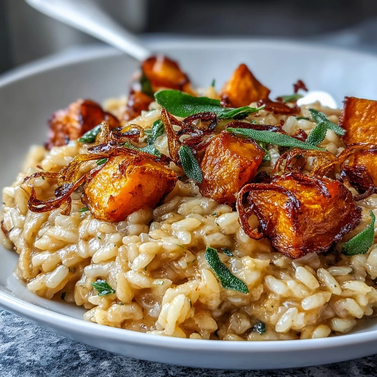 Vegan Pumpkin Risotto With Crispy Sage served creamy in a rustic bowl with golden roasted pumpkin cubes and fried sage leaves.
