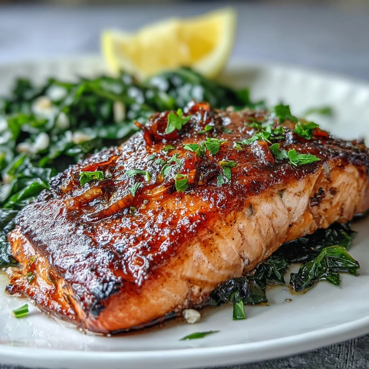 Air Fryer Salmon and Swiss Chard features extra-crisp skin fillets resting on garlicky greens, served with bright lemon wedges.