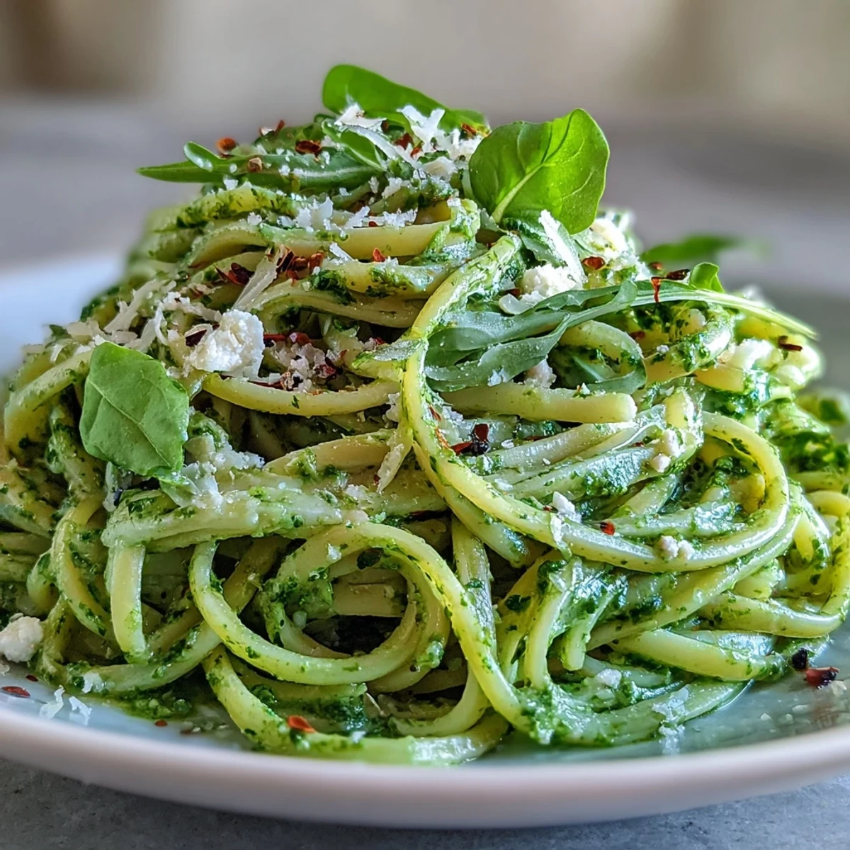 Creamy Linguine with Arugula Pesto plated with grated Parmesan and a lemon wedge.