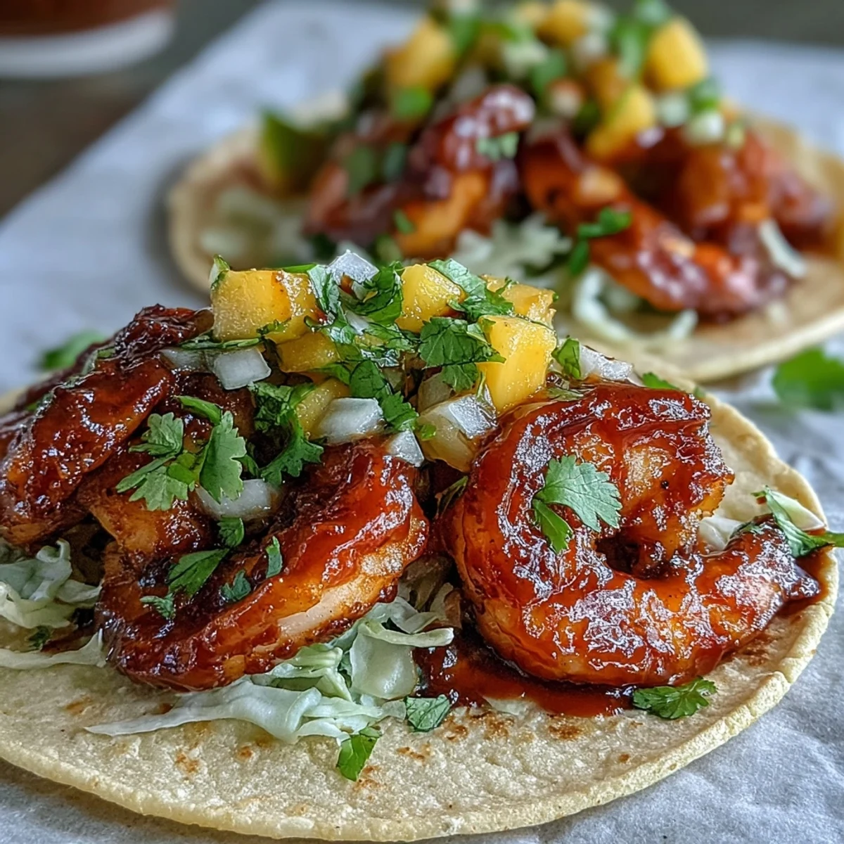 Freshly assembled Sriracha Shrimp Tacos with Mango Salsa garnished with cilantro and lime wedges.