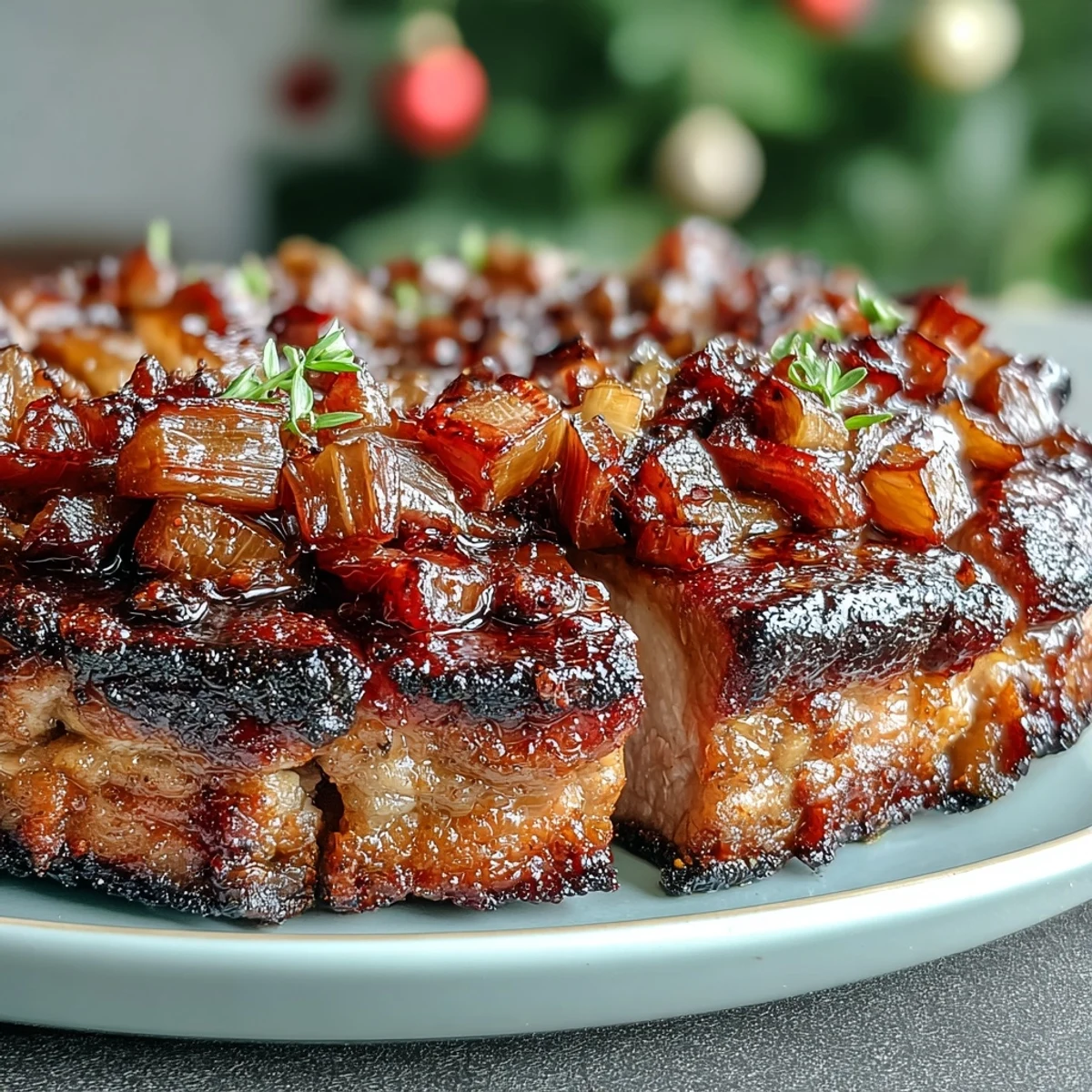 Thick slices of roasted pork shoulder are garnished with fresh parsley on a platter alongside caramelized rhubarb and tender red onion wedges for a vibrant traybake.