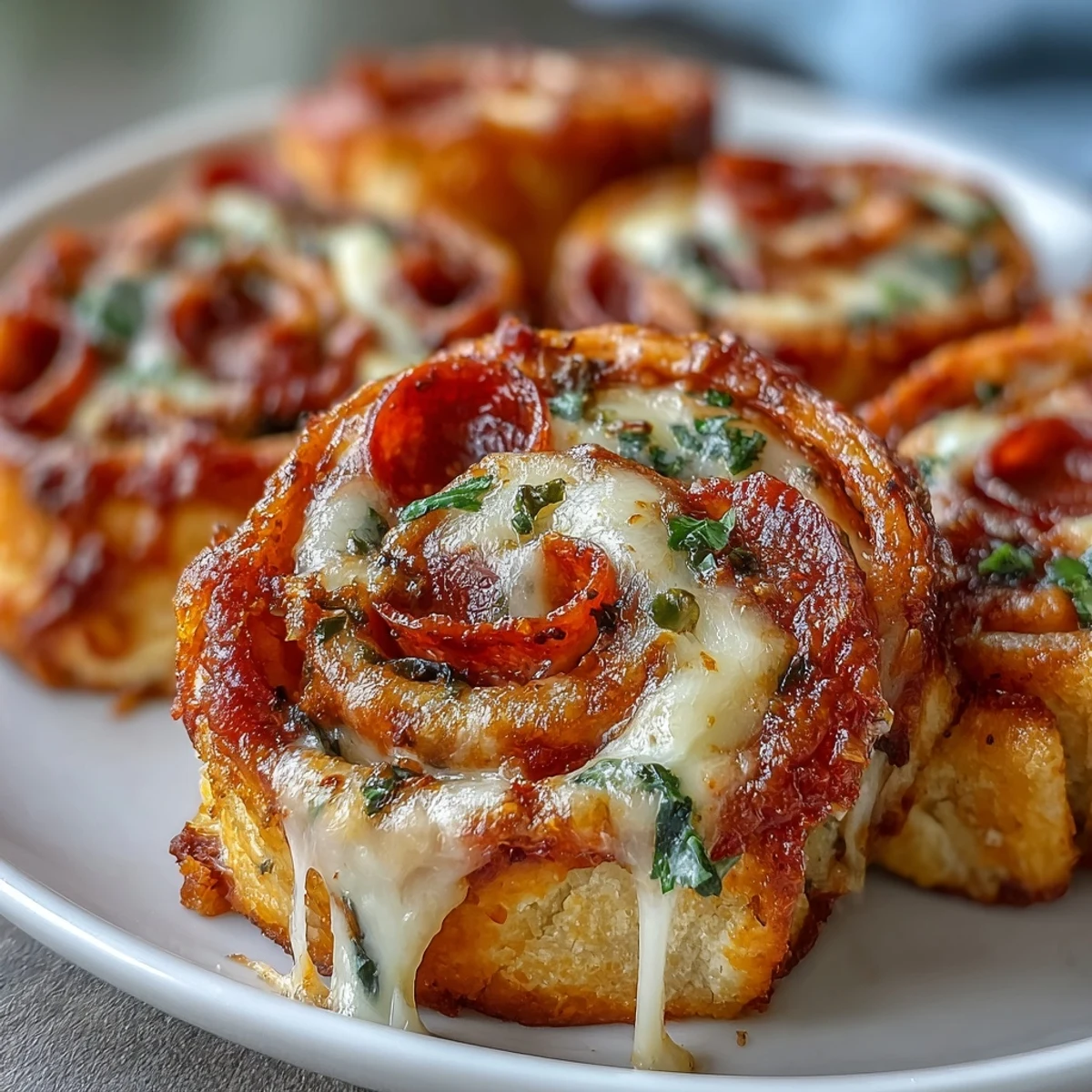 A close-up of Tortilla Pizza Rolls shows a perfect cheese pull, with diced bell peppers and black olives peeking out.