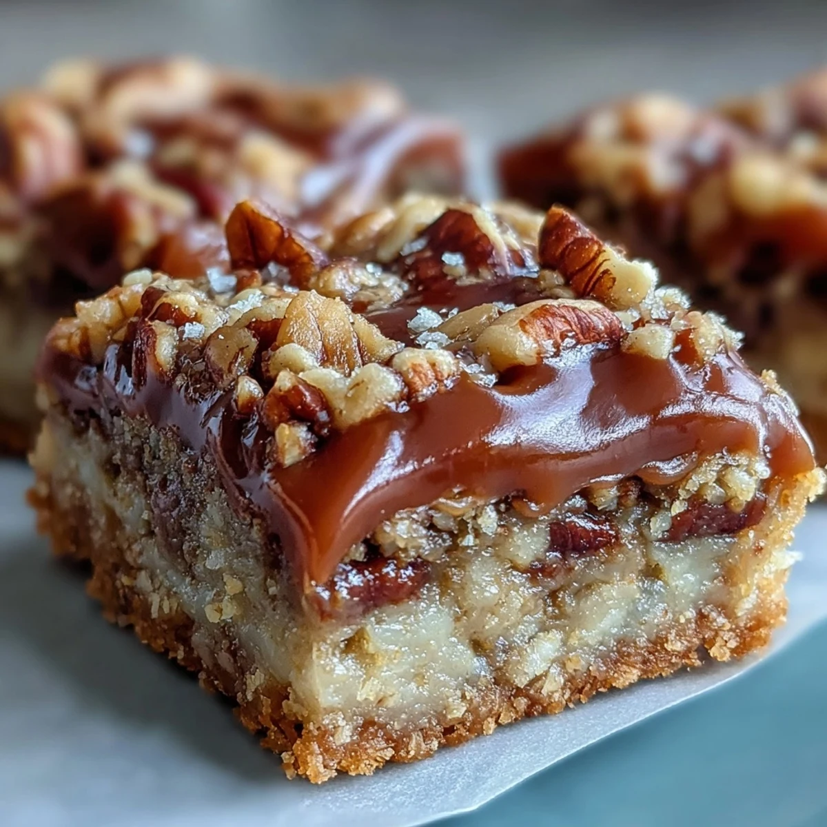 Decadent Sweet and Chewy Turtle Bars with Chocolate and Caramel feature golden crumb topping over rich chocolate and pecans.  