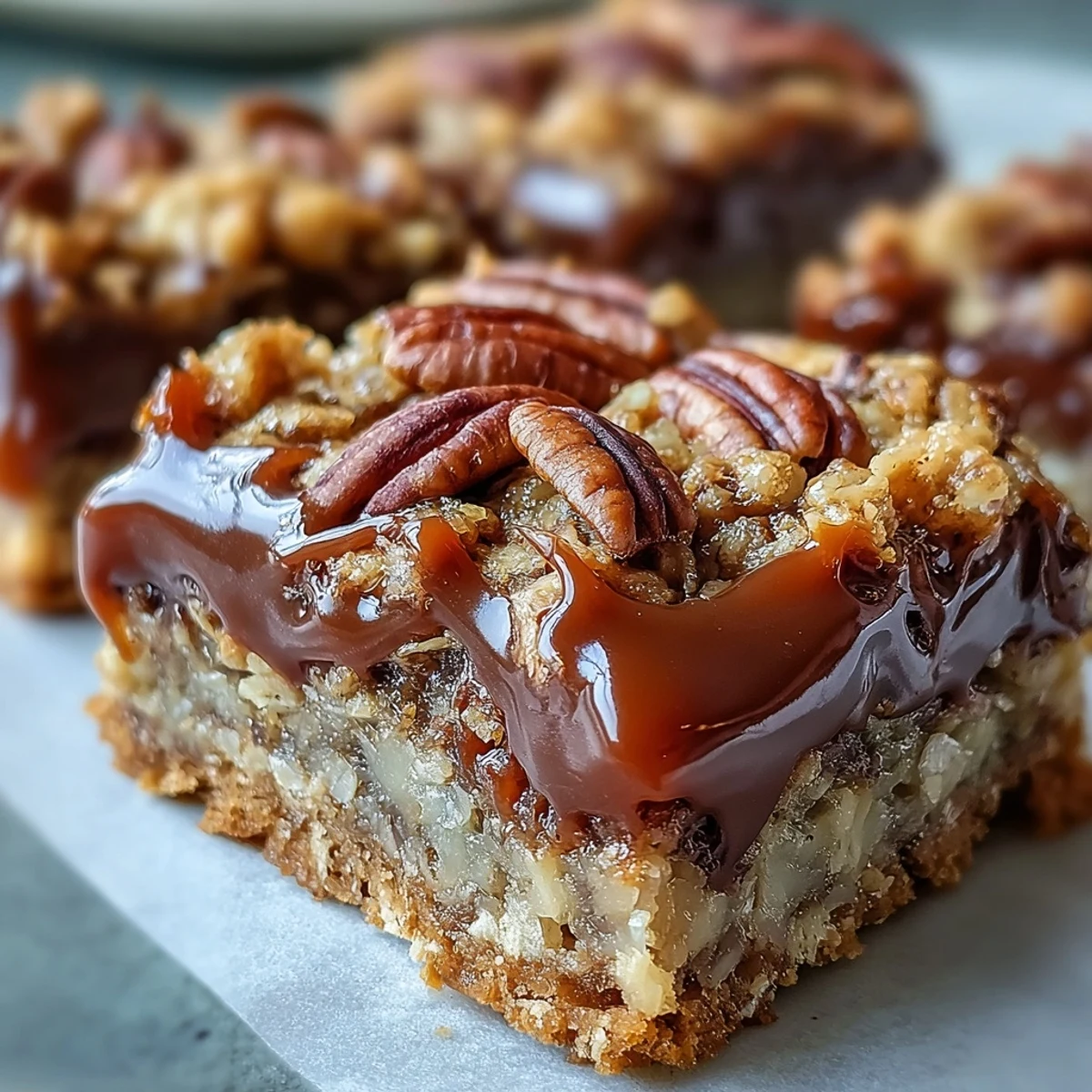 Serve these Decadent Sweet and Chewy Turtle Bars with Chocolate and Caramel as an indulgent American dessert for parties.