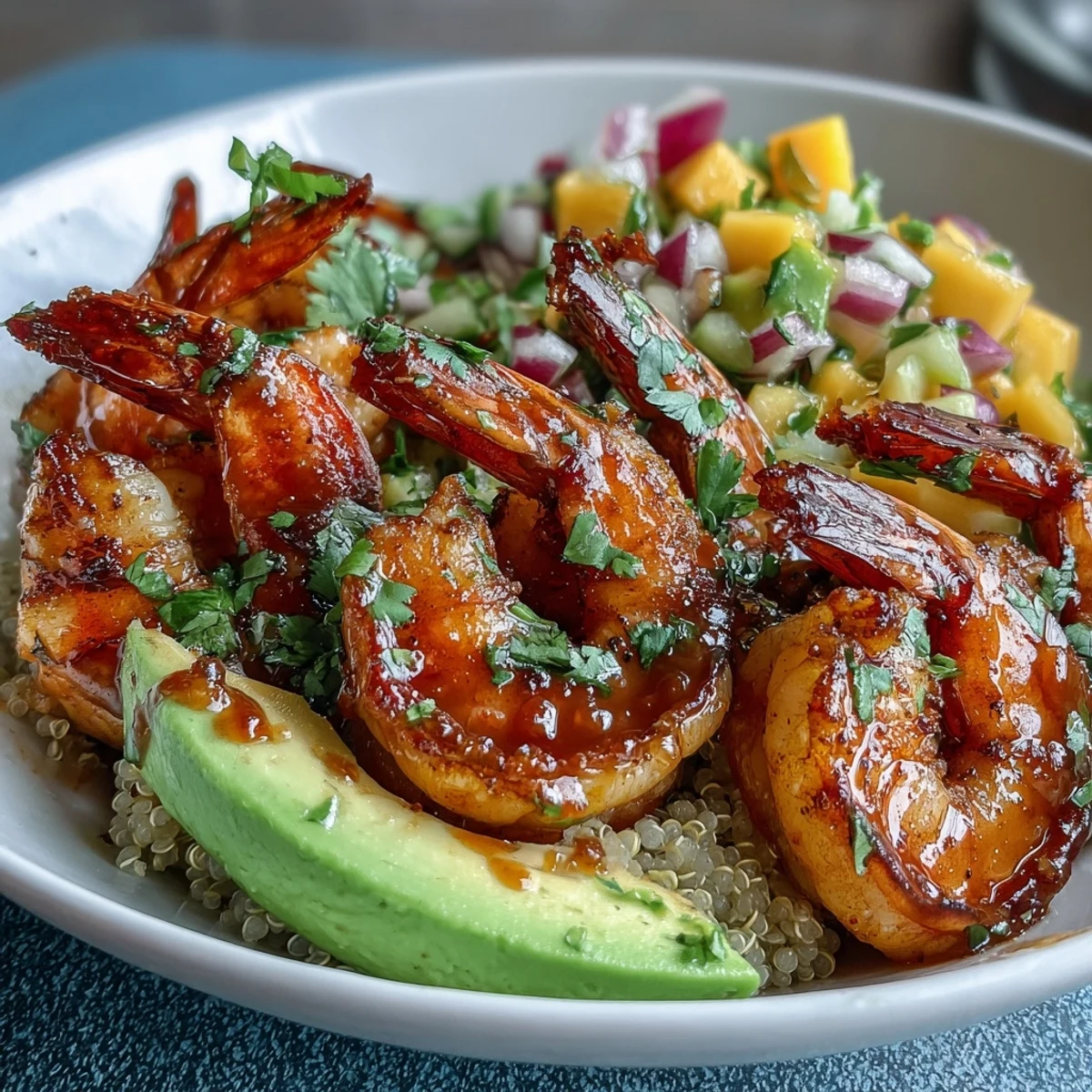 Bright grilled shrimp and creamy avocado slices rest on fluffy quinoa, topped with vibrant mango salsa and drizzled with zesty lime chili sauce.