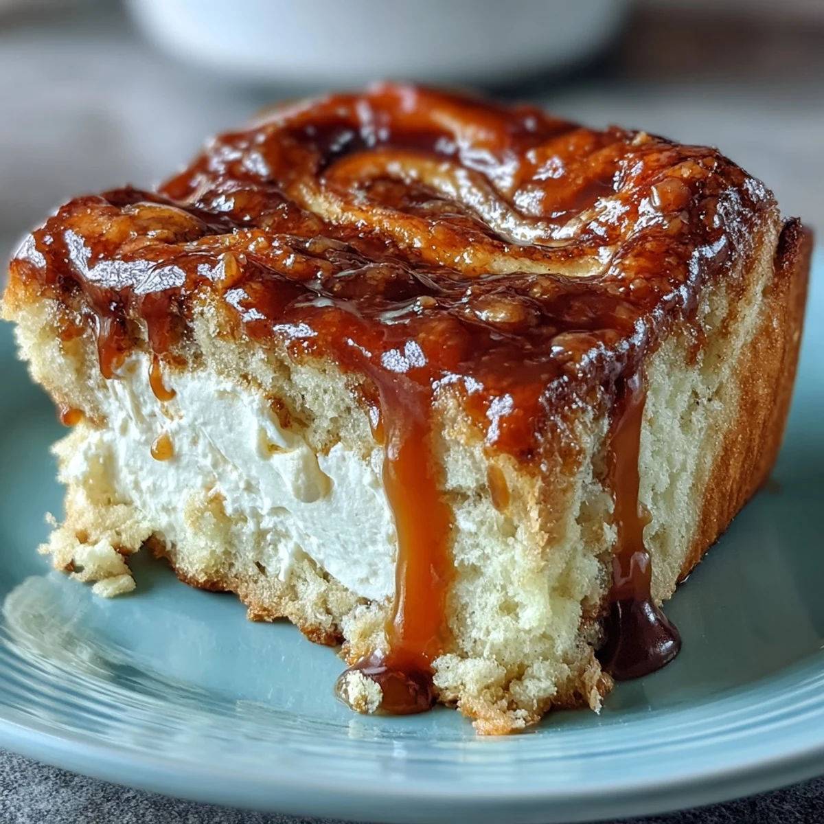 Freshly baked loaves of Caramel Cream Cheese Bread on a wire rack, with a glossy caramel drizzle topping the golden-brown crust and inviting crumbs on the board.
