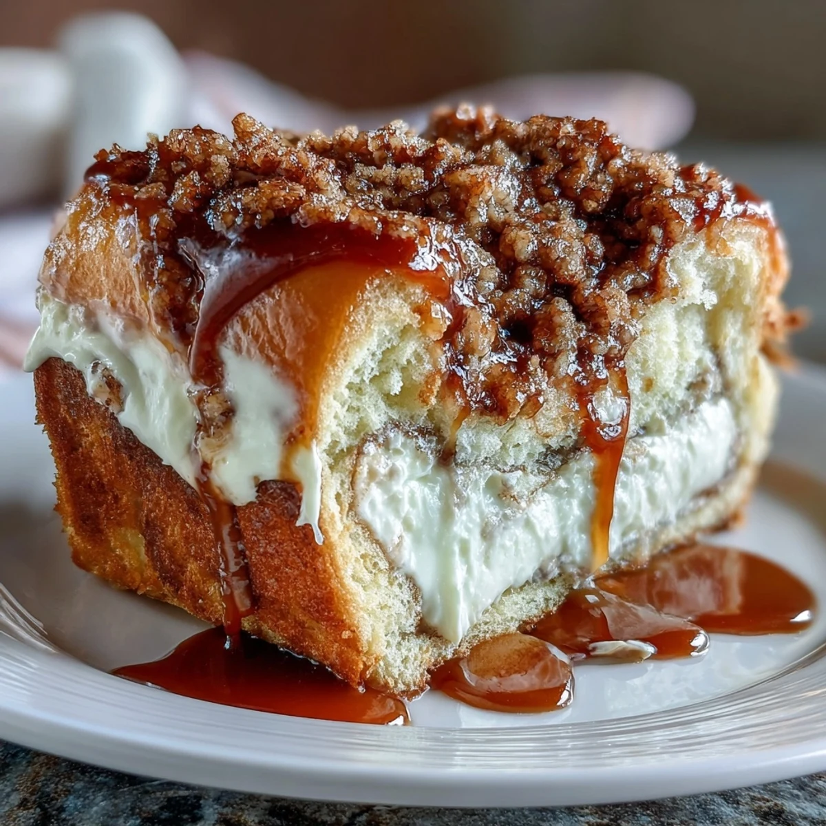 A serving of Caramel Cream Cheese Bread on a dessert plate, paired with a cup of coffee and a small bowl of extra caramel sauce for dipping.