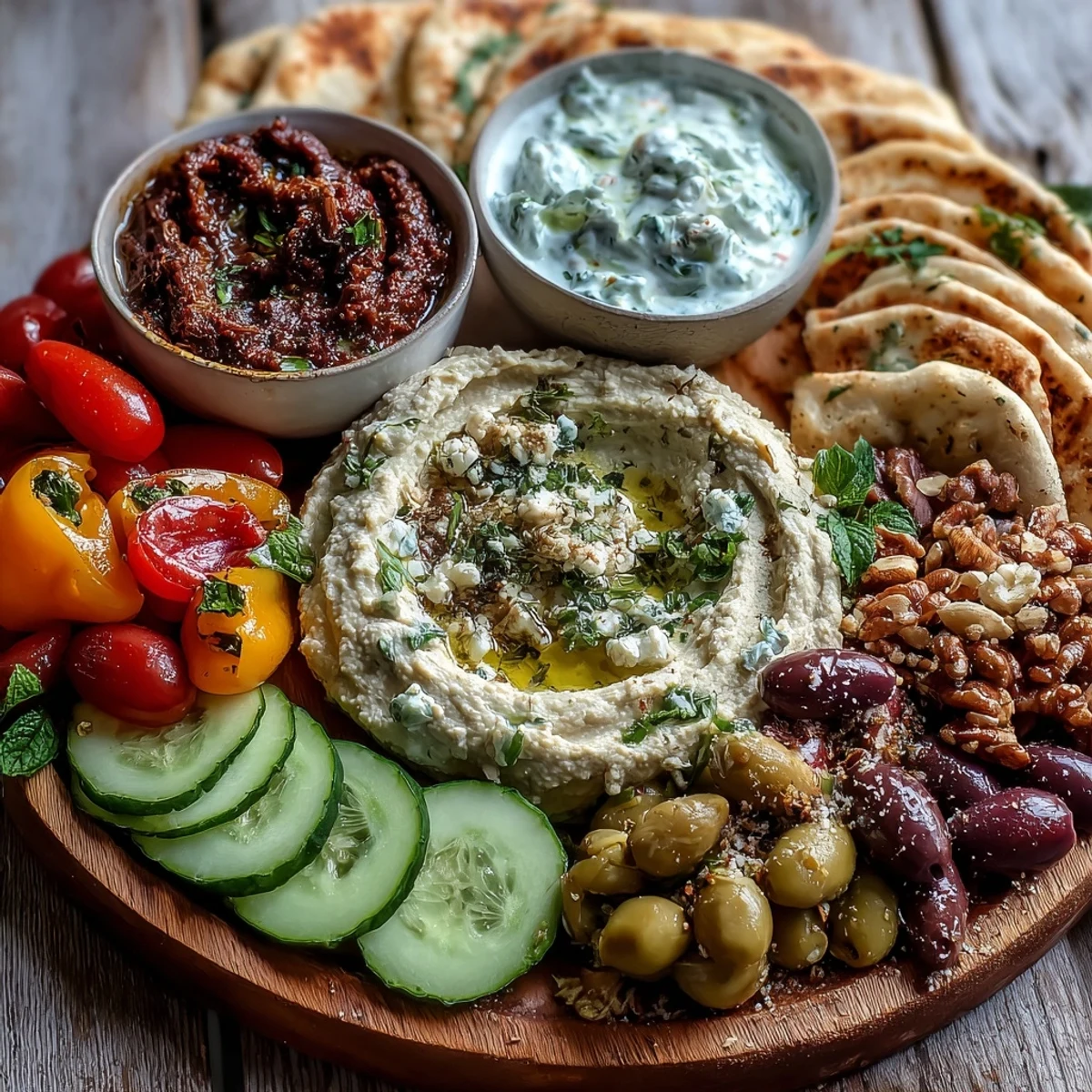 This Mediterranean Brunch Board features olive oil-drizzled flatbreads, briny olives, and colorful veggie strips arranged for easy sharing.