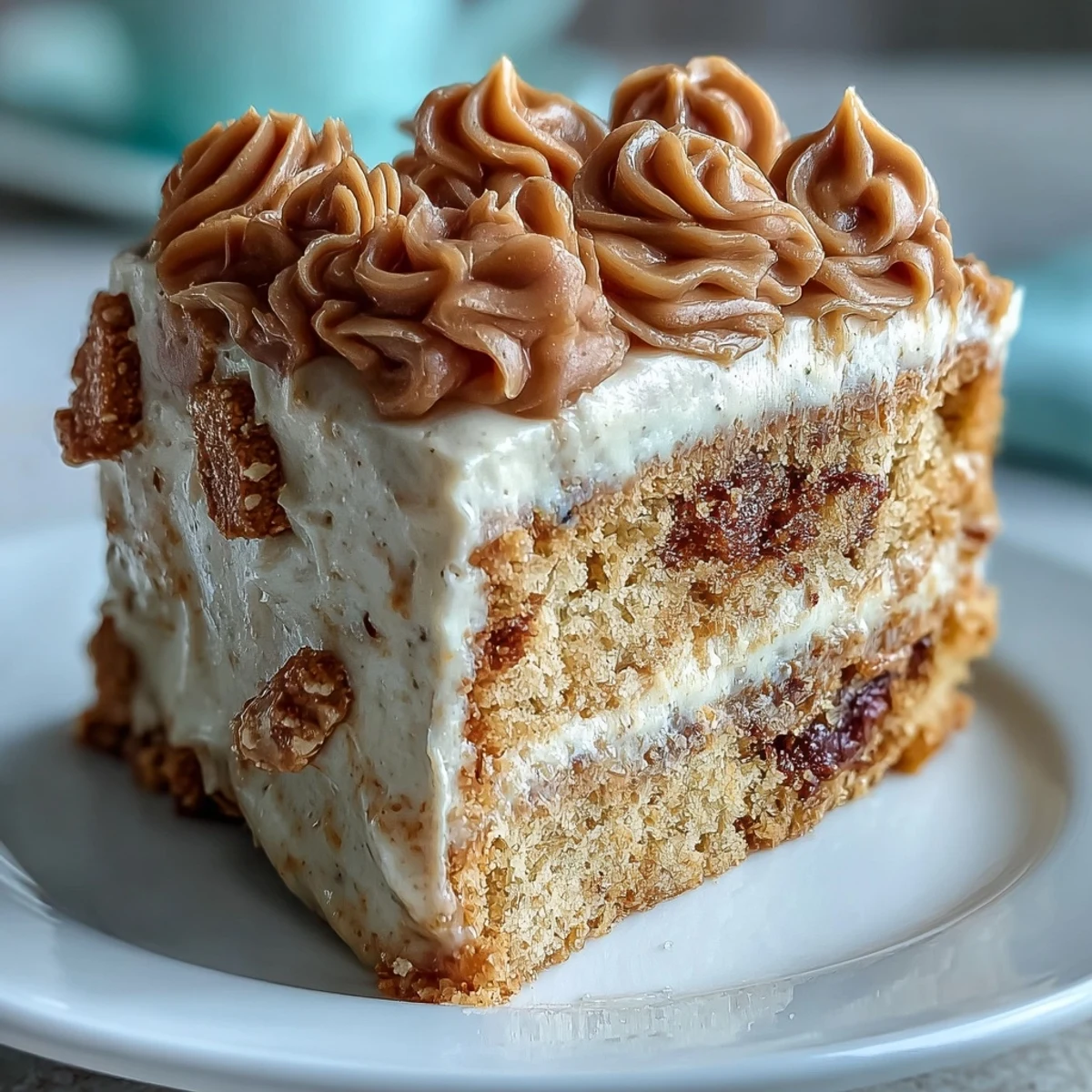 A close-up of Decadent Baked Biscoff Cake with Creamy Lotus Frosting, showing a crumbly slice with caramel-colored icing and crushed cookie garnish.