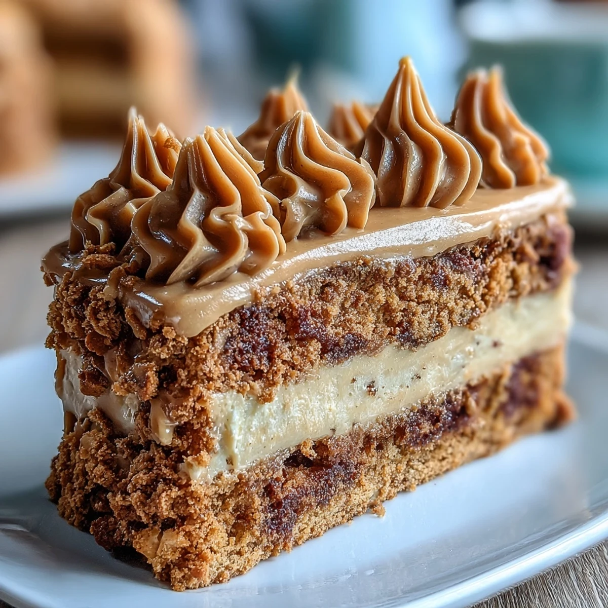 Decadent Baked Biscoff Cake with Creamy Lotus Frosting on a rustic plate, with a steamy coffee cup for a cozy American dessert pairing.