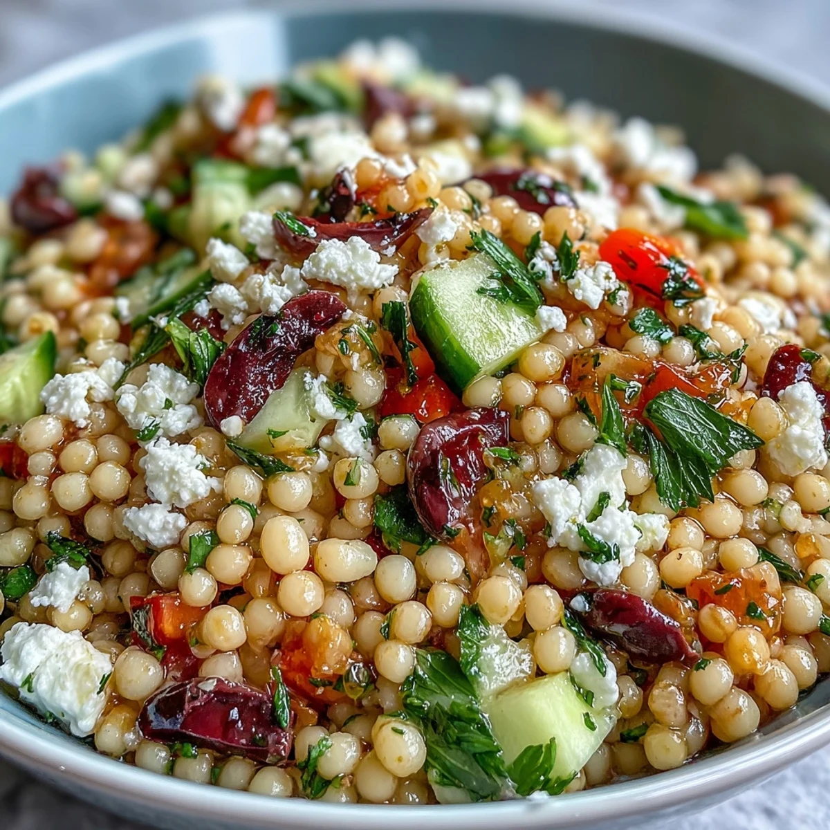 A vibrant bowl of Mediterranean Pearl Couscous salad with diced cucumber, red bell pepper, cherry tomatoes, and kalamata olives.
