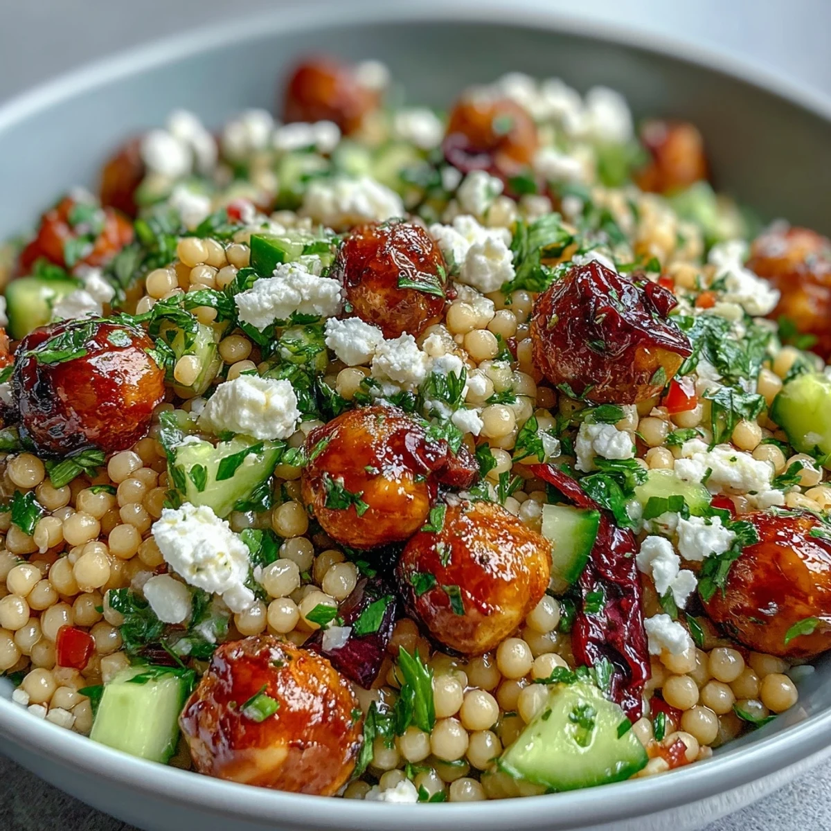 Freshly tossed Mediterranean Pearl Couscous featuring toasted pearls, crisp vegetables, and a zesty red wine vinegar dressing.