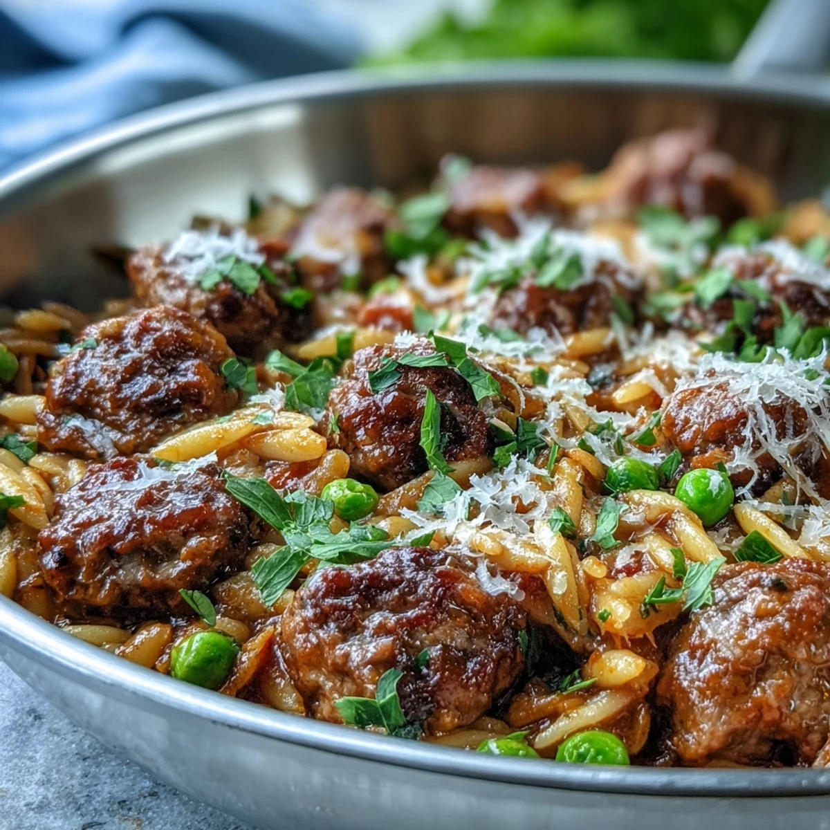 Savory Comforting Ground Beef Orzo Dinner served hot, with tender orzo and peas in a rich broth.