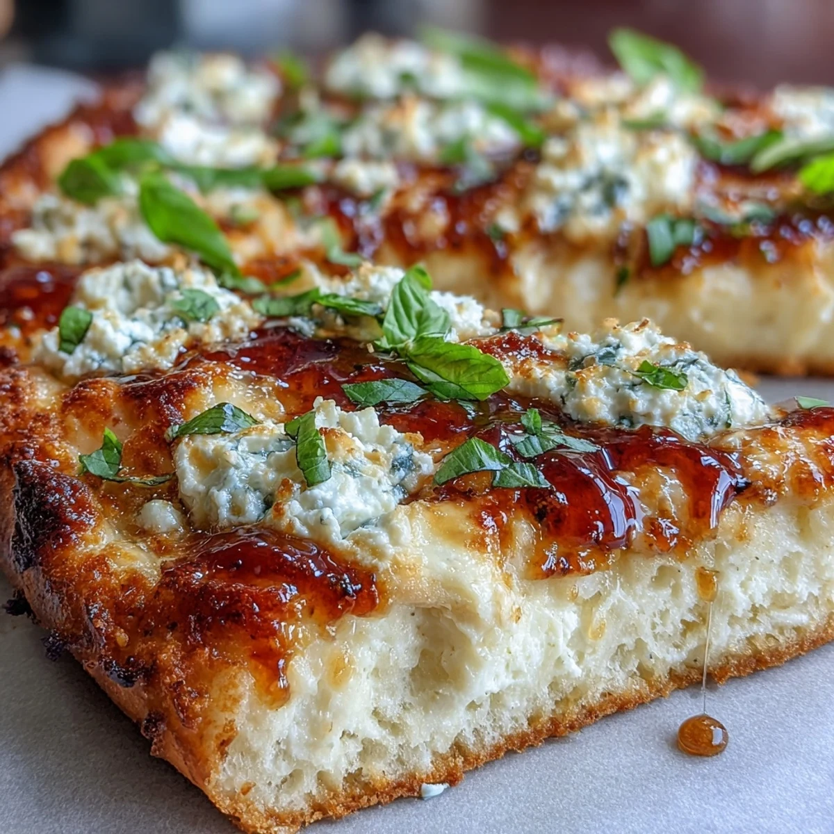 Slices of Hot Honey Ricotta Pizza showcasing creamy ricotta base and vibrant green basil leaves for dinner.  