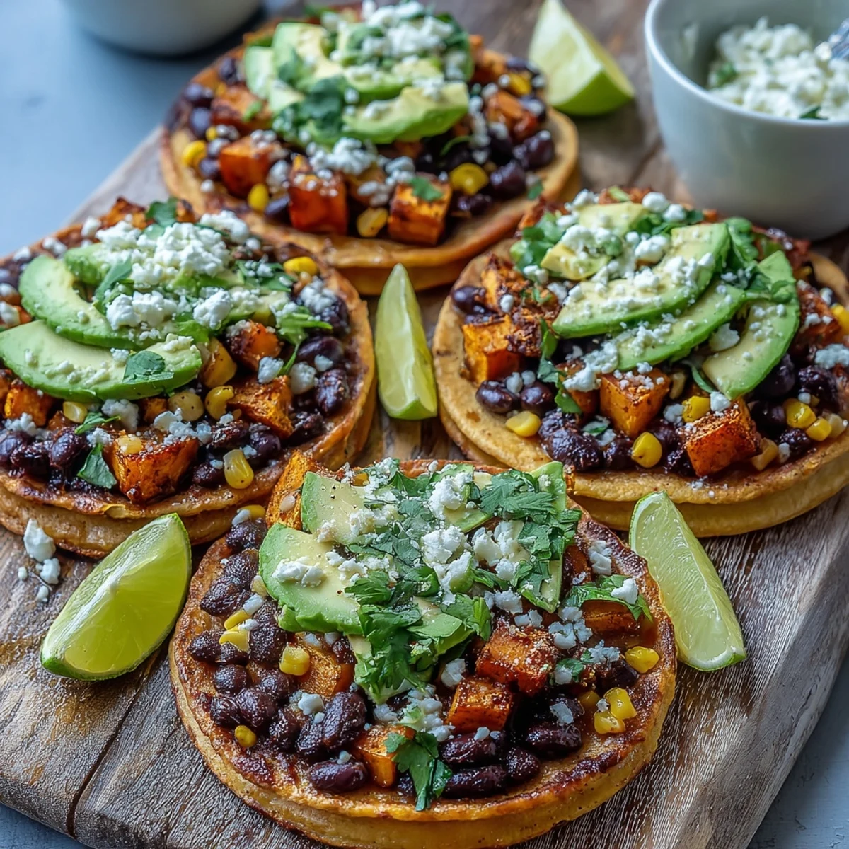 Crisp golden tostada shells hold smoky roasted sweet potatoes, lime-kissed black beans, and creamy avocado slices topped with crumbled feta cheese.  