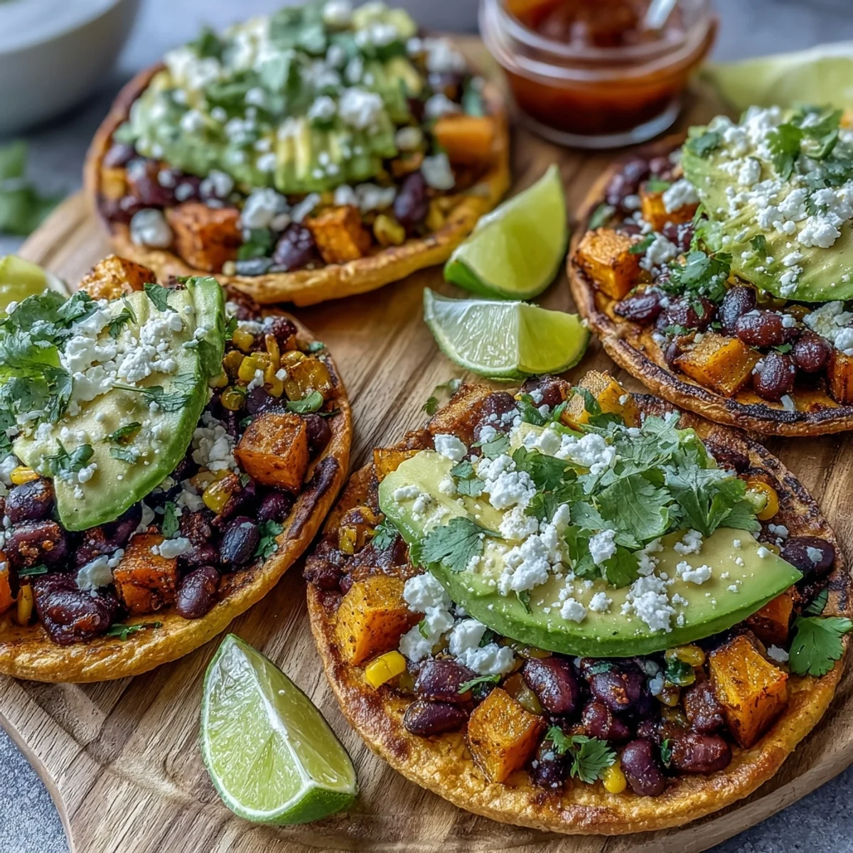 Vibrant vegetarian lunch features caramelized sweet potato cubes, warm black bean and corn mixture, fresh cilantro, and tangy feta on crunchy gluten-free tostadas.  