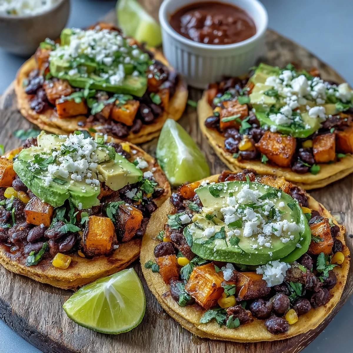 Easy Mexican-inspired dinner showcases oven-roasted sweet potatoes layered over black beans and corn, finished with sliced avocado and optional hot sauce for extra heat.