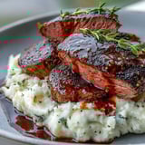 Sliced tender Venison Steaks with Caraway Crushed Swede, buttery mash topped with toasted caraway seeds.